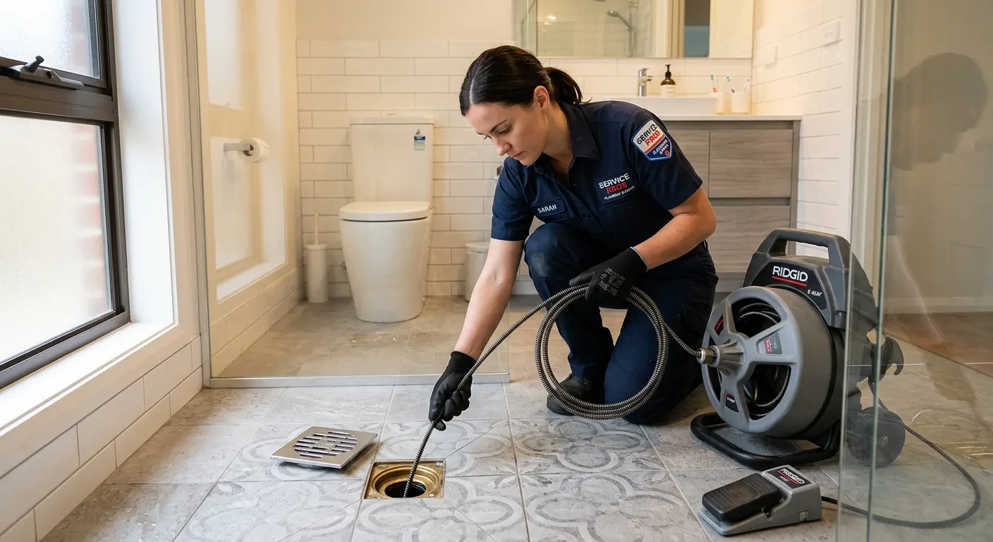 Technician clearing a bathroom floor drain for Hydro Jetting in Palos Verdes Estates